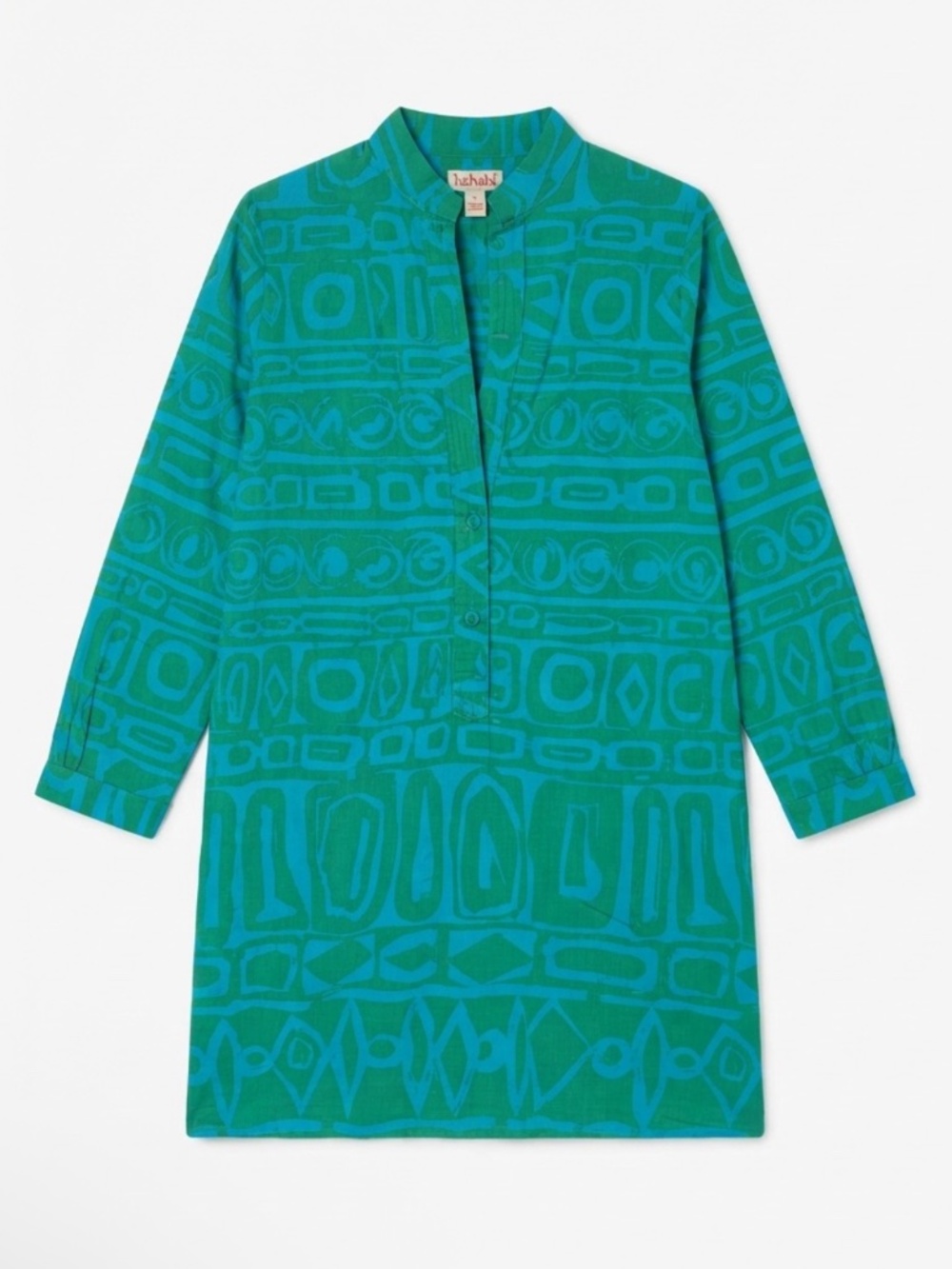60s 70s Vintage Kahala Hawaii Green & Blue Geometric Print Tunic Dress / Beach C